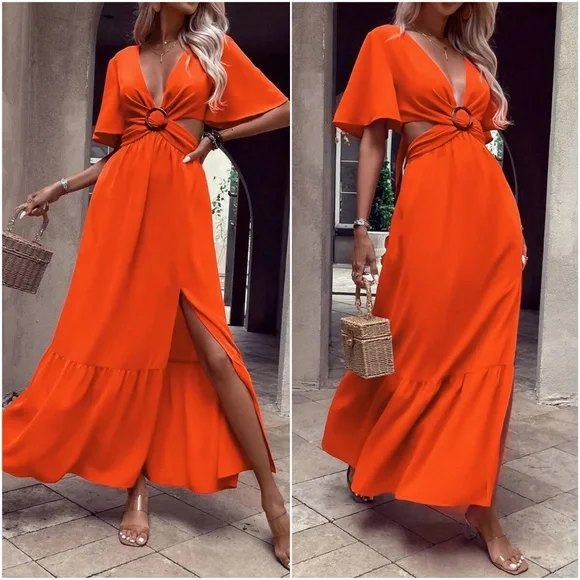 Plunging Neck cut out butterfly Sleeve Maxi Dress - Picture 5 of 9